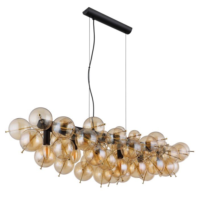Moderna lampada a sospensione t.b.t. con sfere di vetro ambrate per un'illuminazione elegante.