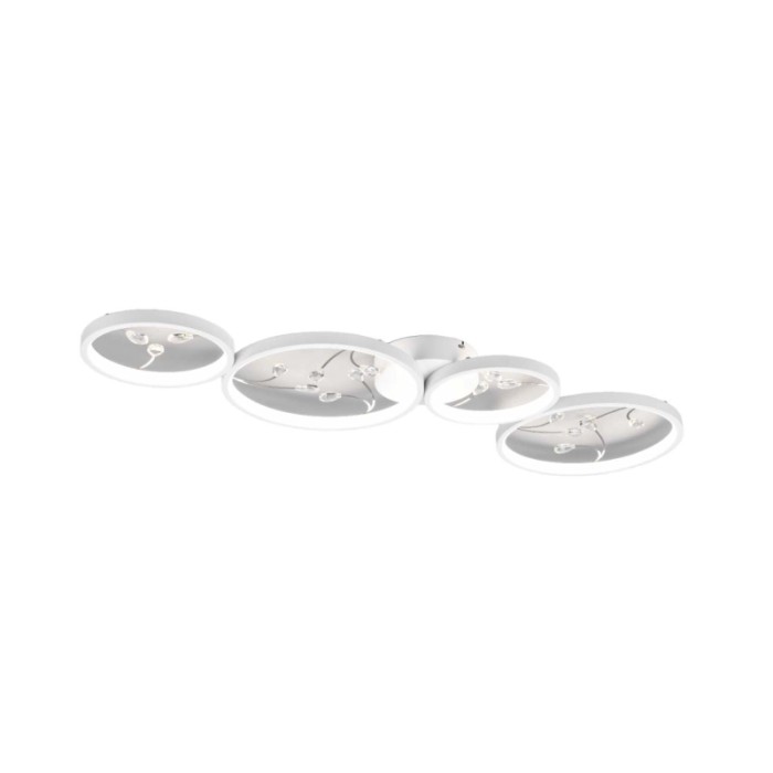 Plafoniera LED Groovy moderna e dimmerabile in bianco opaco con quattro cerchi luminosi e finiture in cristallo.