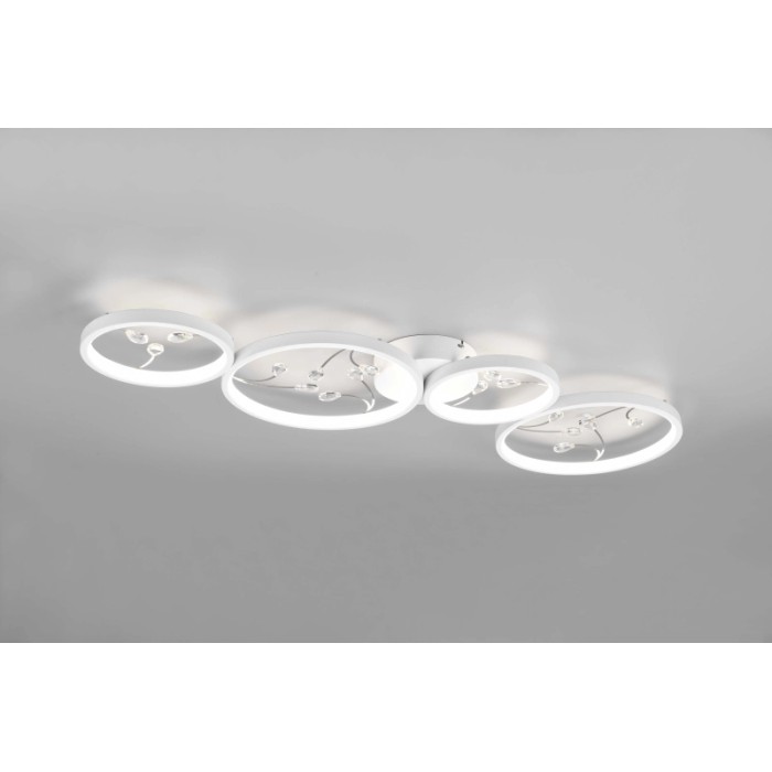 Plafoniera LED Groovy moderna e dimmerabile in bianco opaco con quattro cerchi luminosi e pendenti in cristallo.