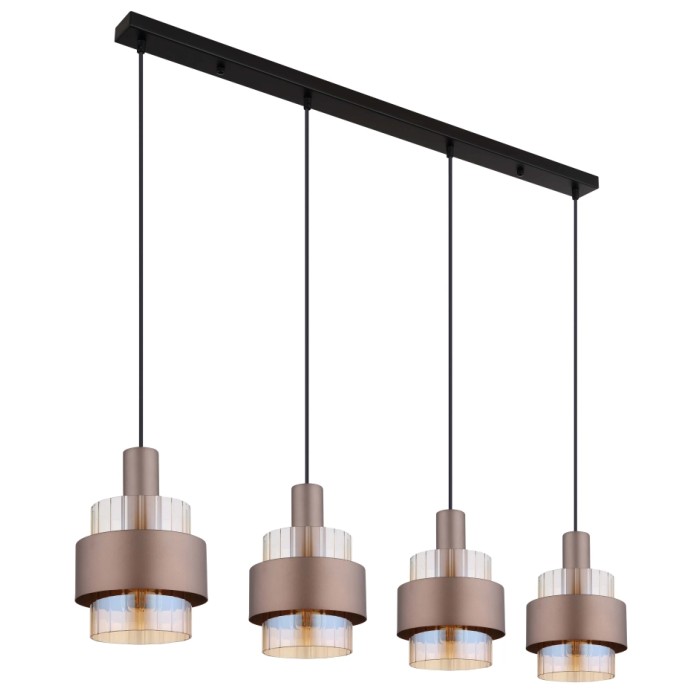 Moderna lampada a sospensione t.b.t. con quattro lampade in bronzo e vetro per sala da pranzo o soggiorno.
