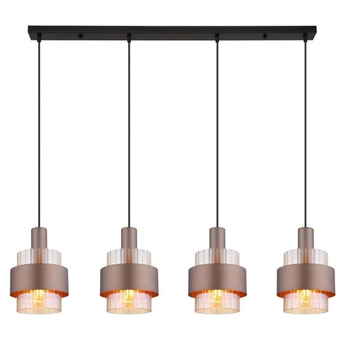 Lampada a sospensione moderna con quattro lampade in bronzo e accenti chiari. Ideale come lampada a sospensione.