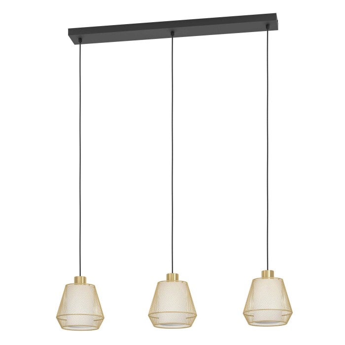 Lampada a sospensione a tre luci con paralumi dorati per un'illuminazione elegante.