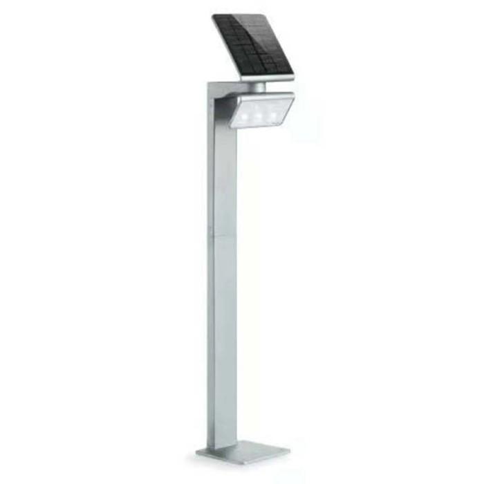 Lampada da vialetto solare a LED Steinel XSolar GL-S argentata con sensore di movimento.