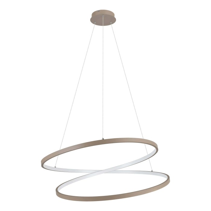 Moderna lampada a sospensione t.b.t. con due anelli intrecciati in beige. Elegante lampadario per spazi abitativi.