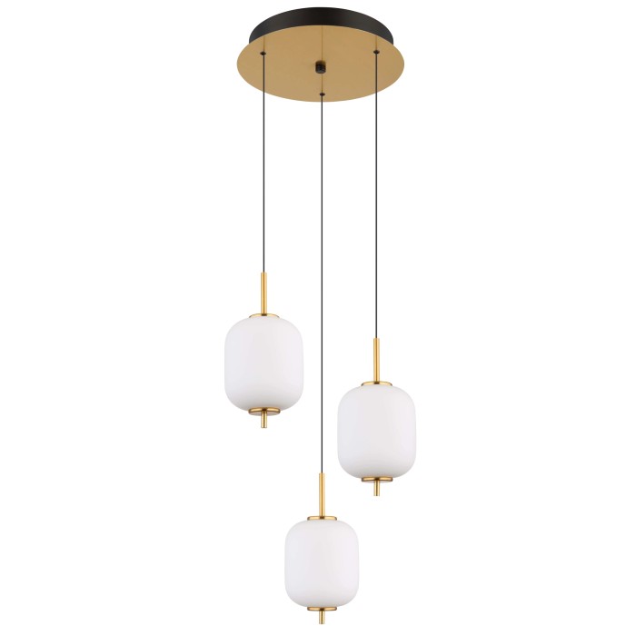 Lampada a sospensione moderna con tre globi in vetro bianco e dettagli dorati.