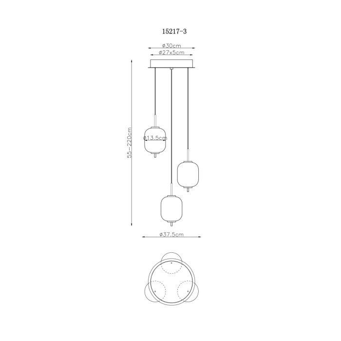 Disegno tecnico della lampada a sospensione t.b.t. Sospensioni con dimensioni.