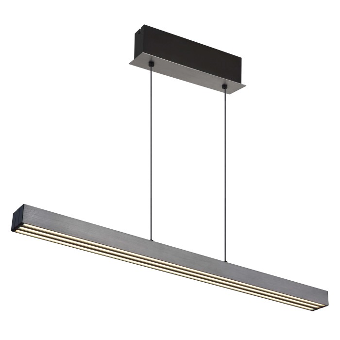 Moderna lampada a sospensione t.b.t. per interni, effetto metallo grigio.