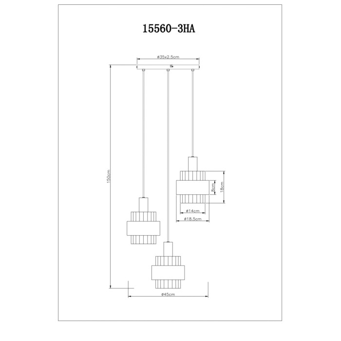 Disegno tecnico della lampada a sospensione t.b.t. con dimensioni.