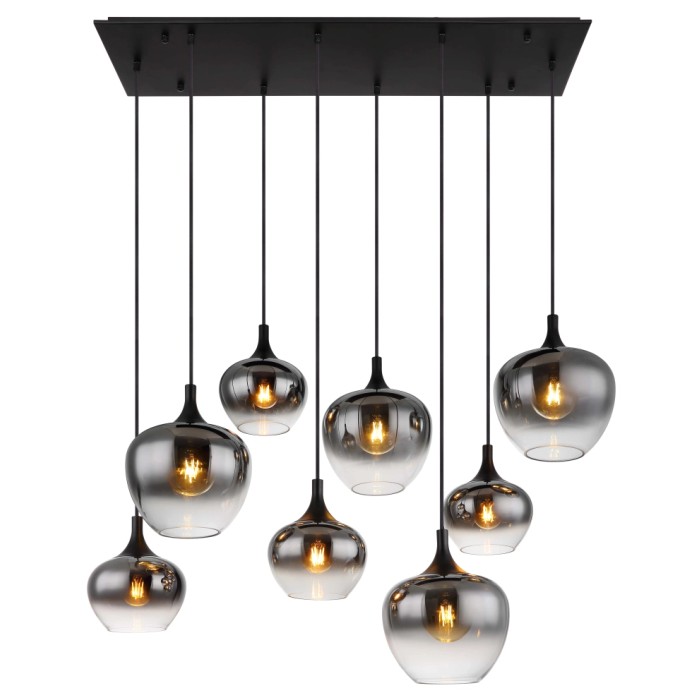 Lampada a sospensione moderna con 8 paralumi in vetro grigio fumo, ideale come lampada da tavolo da pranzo.