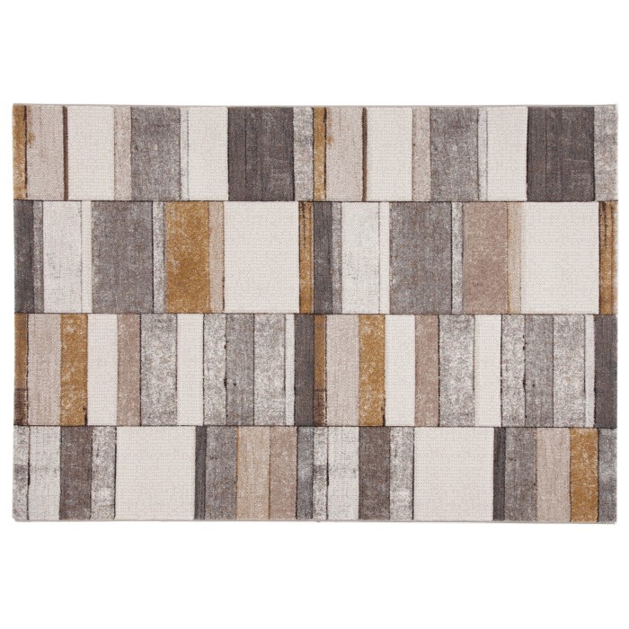 Tappeto moderno con motivo a strisce astratte nei toni del beige, grigio e marrone.