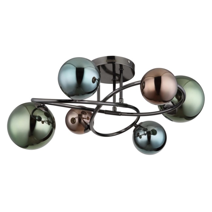 Plafoniera LED moderna con sei sfere di vetro colorate e struttura in metallo nero.