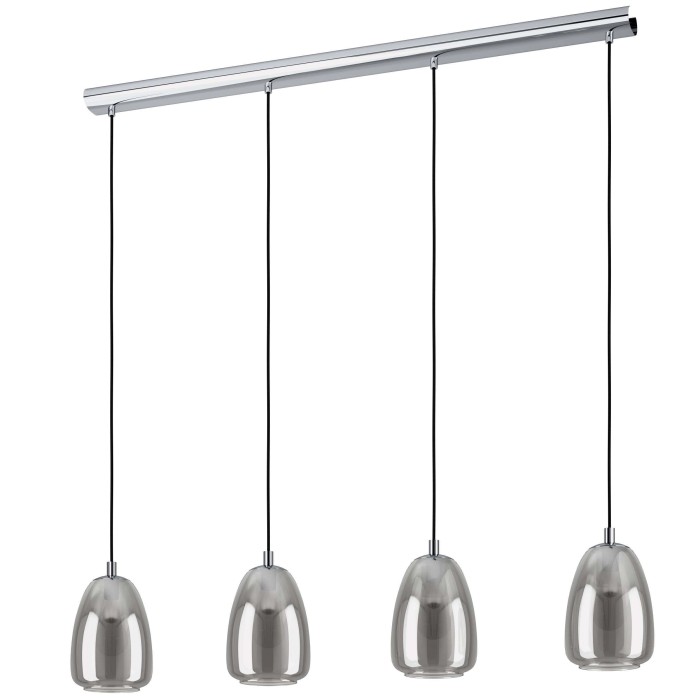 Lampada a sospensione t.b.t. con quattro paralumi grigi. Lampada a sospensione moderna per soggiorno e sala da pranzo.