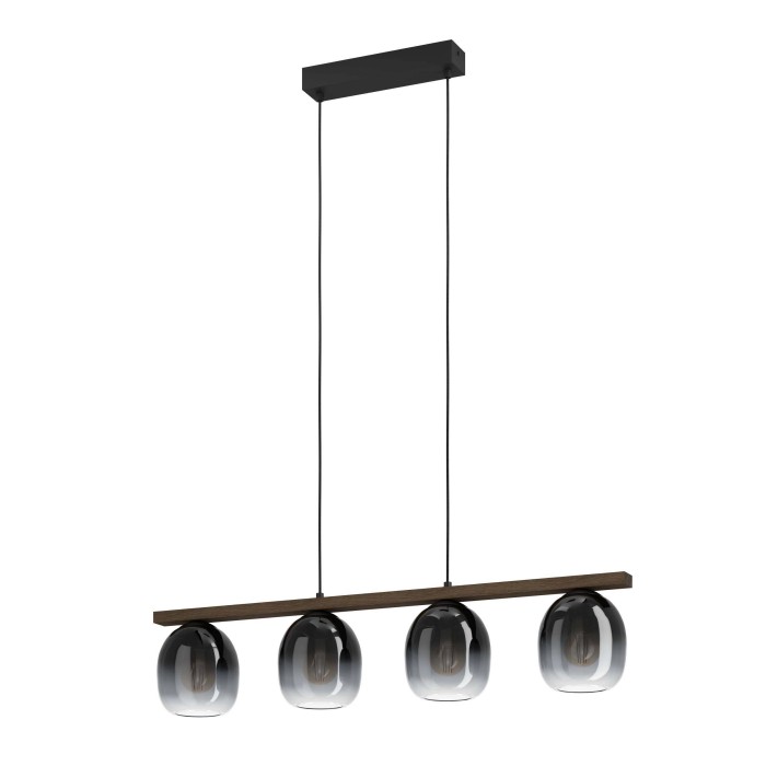 Lampada a sospensione moderna con quattro globi in vetro grigio e barra marrone.