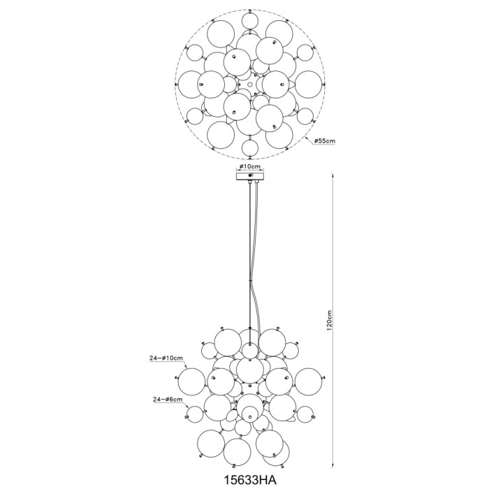 Disegno tecnico della lampada a sospensione t.b.t. Sospensioni con dimensioni.