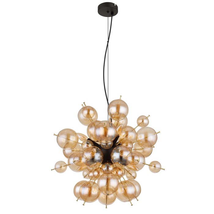Lampada a sospensione moderna con sfere di vetro ambrato per un'illuminazione elegante.