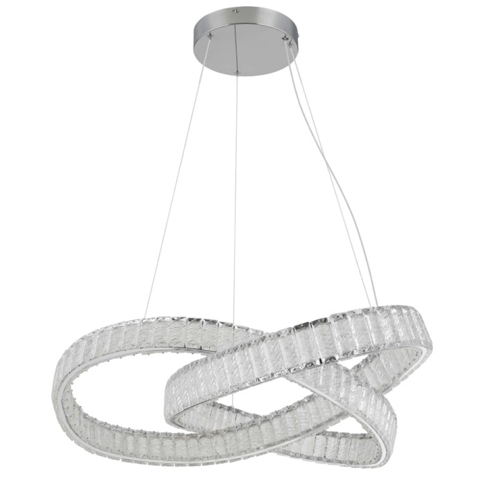 Moderna lampada a sospensione a LED con due anelli intrecciati.