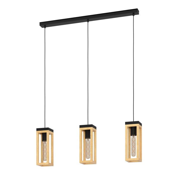 Lampada a sospensione moderna con tre cornici in legno e accenti neri. Ideale come Sospensioni.