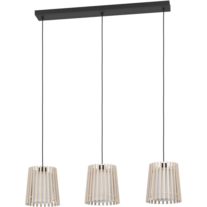 Lampada a sospensione Eglo Fattoria con 3 paralumi in legno e tessuto, bianco, nero-marrone.