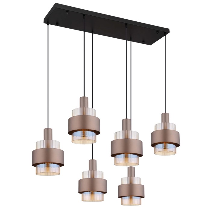 Lampada a sospensione moderna con sei lampade in bronzo ed elementi in vetro trasparente.