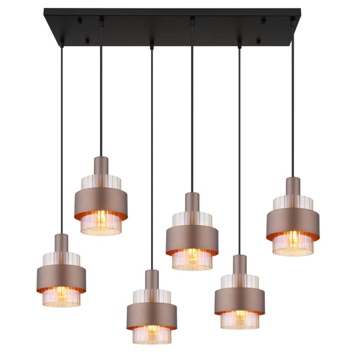 Moderna lampada a sospensione t.b.t. con sei lampade in bronzo e vetro trasparente.
