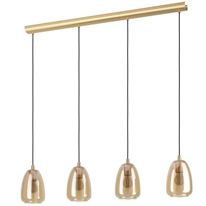 Lampada a sospensione t.b.t. color oro con quattro paralumi in vetro a forma di goccia.