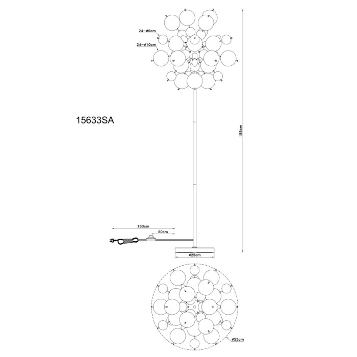 Disegno tecnico della lampada da terra t.b.t. con dimensioni e dettagli.