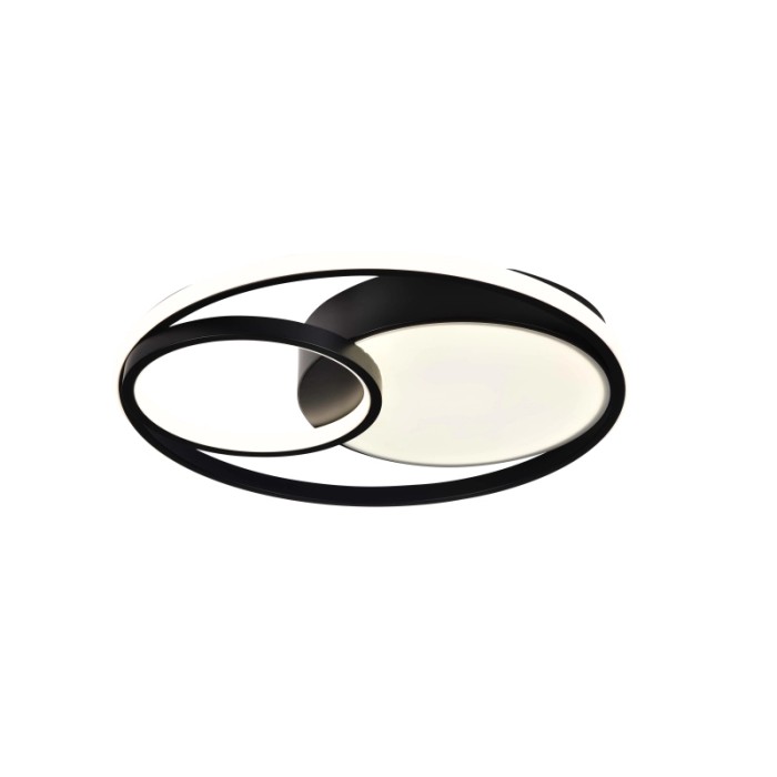 Plafoniera LED moderna t.b.t. con cornice nera e due superfici luminose rotonde.