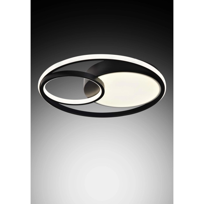 Plafoniera LED moderna t.b.t. con cornice nera e design circolare.