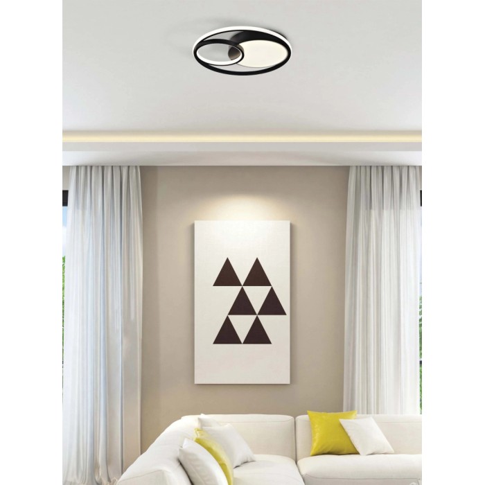 Plafoniera LED moderna t.b.t. con bordo nero e design circolare.