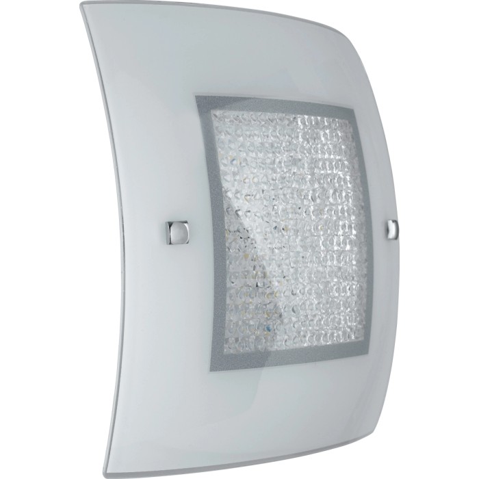 Plafoniera LED moderna con vetro bianco e accento argentato.