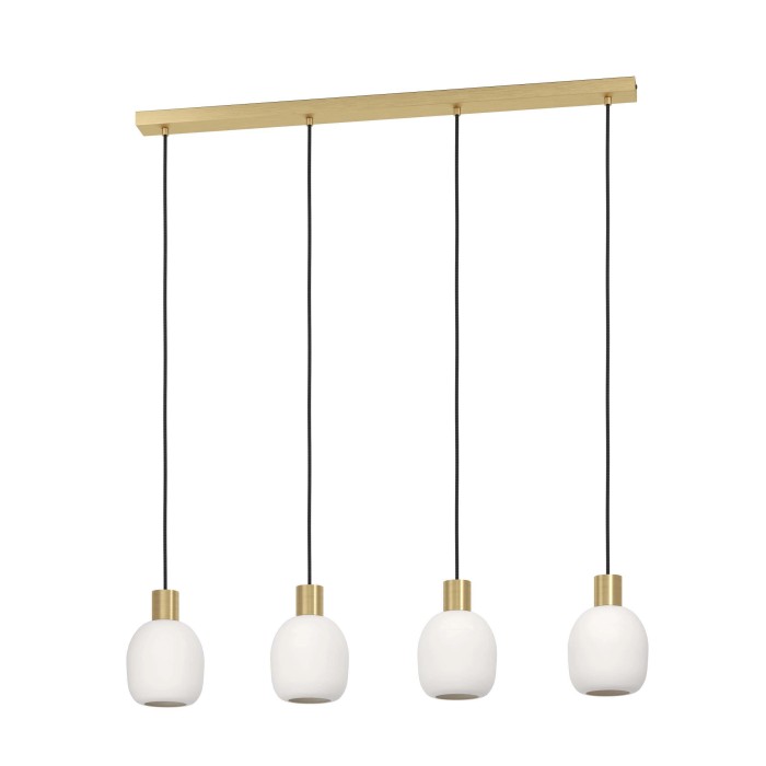 Lampada a sospensione moderna con quattro paralumi bianchi e sospensione color oro.