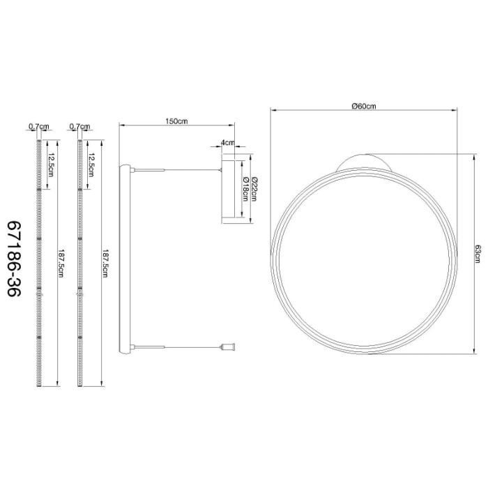 Disegno tecnico della lampada t.b.t. Sospensioni con dimensioni.