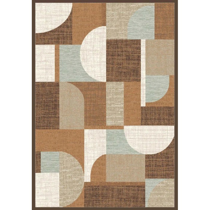 Tappeto moderno con motivo geometrico nei toni del marrone, beige e blu.