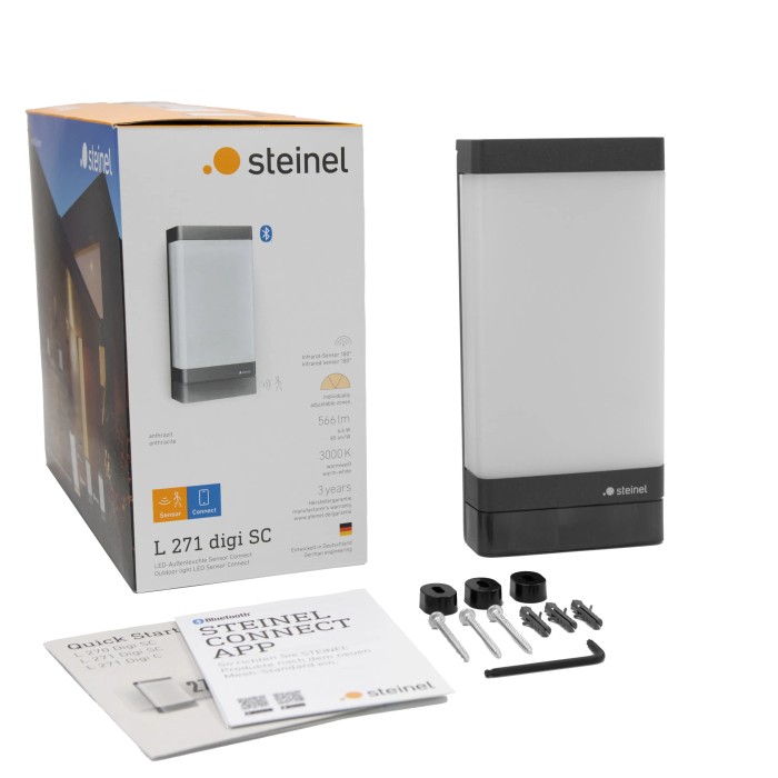 Lampada da parete per esterni a LED Steinel L 271 SC antracite con rilevatore di movimento e accessori.