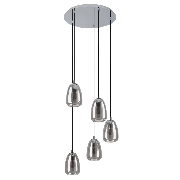 Lampada a sospensione moderna con cinque paralumi in vetro grigio, ideale come illuminazione elegante.
