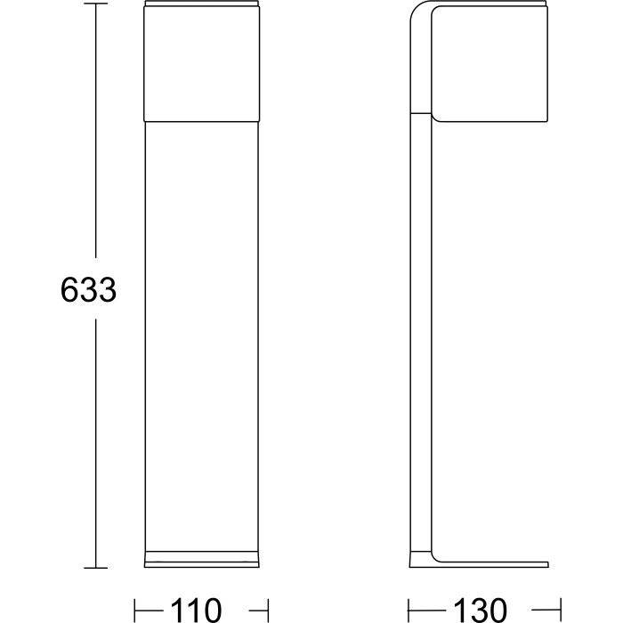 Schizzo della lampada da esterno a LED Steinel GL 80 C in antracite, dimensioni e viste della lampada da vialetto smart.