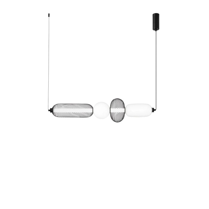 Lampada a sospensione moderna con dettagli neri e sfere di vetro bianche. Elegante lampadario per spazi abitativi.