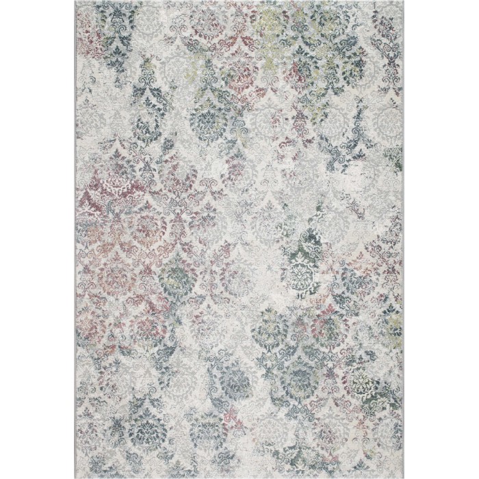 Tappeto moderno con motivo floreale in grigio, blu e rosso.