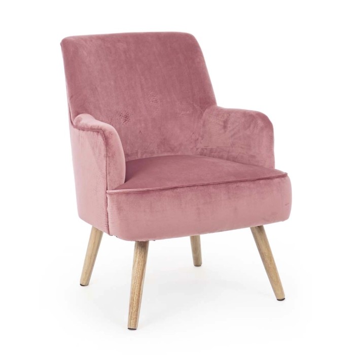 Poltrona t.b.t. con braccioli, rivestimento in velluto rosa e gambe in legno.