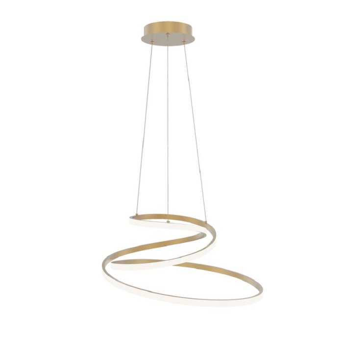 Moderna lampada a sospensione a LED color oro t.b.t. con design curvo per interni.