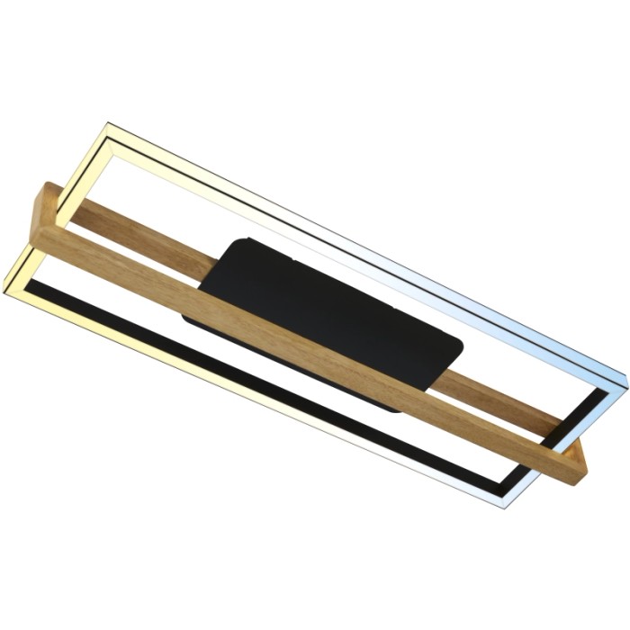 Plafoniera LED moderna con elementi in legno e metallo.