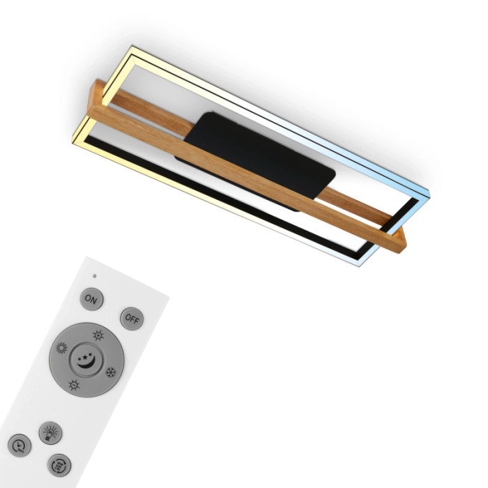 Plafoniera LED moderna con cornice in legno e telecomando.