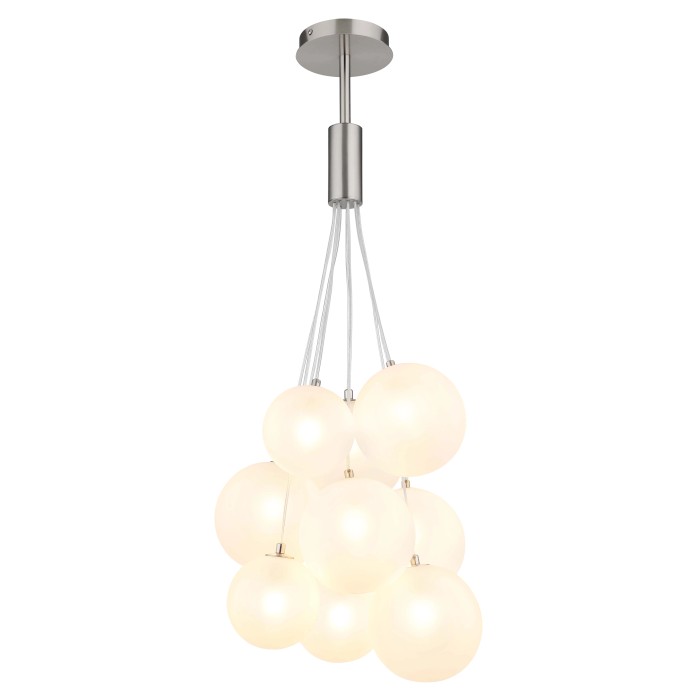 Lampada a sospensione moderna con sfere di vetro luminose rotonde multiple e sospensione color argento.