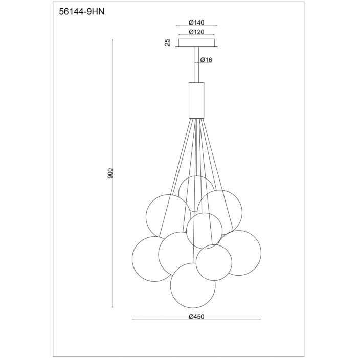 Disegno tecnico della lampada a sospensione t.b.t. con dimensioni.