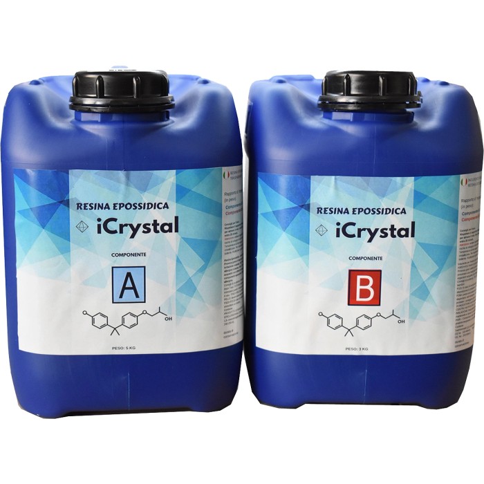 Set resina epossidica iCrystal, due contenitori blu (componente A & B) per rivestimenti trasparenti.