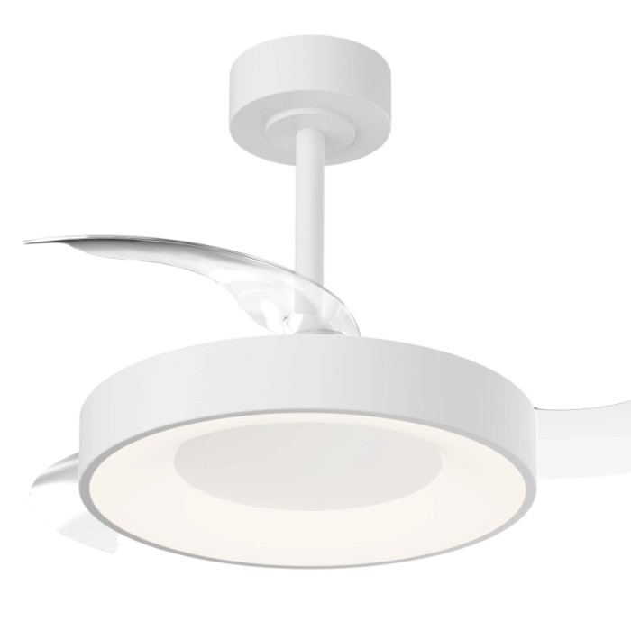 Plafoniera LED t.b.t. bianca con pale del rotore trasparenti.