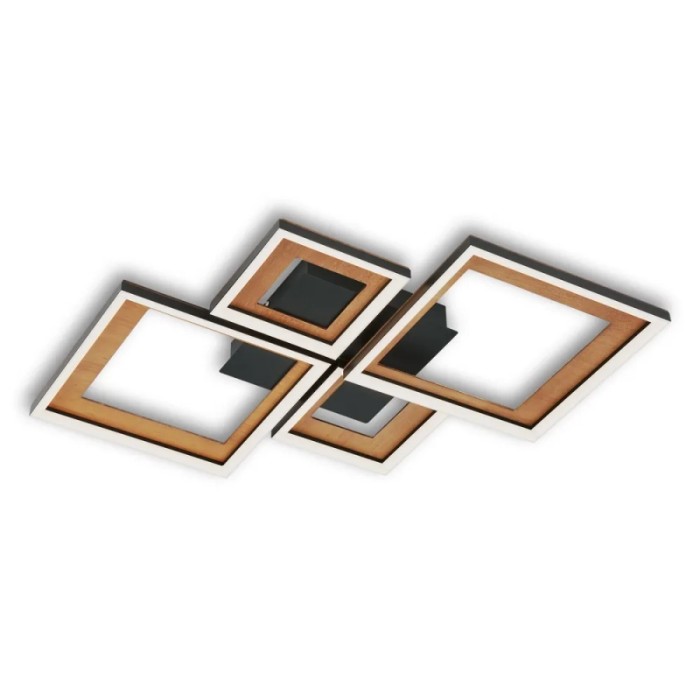 Plafoniera LED moderna con quattro quadrati in effetto legno e nero.
