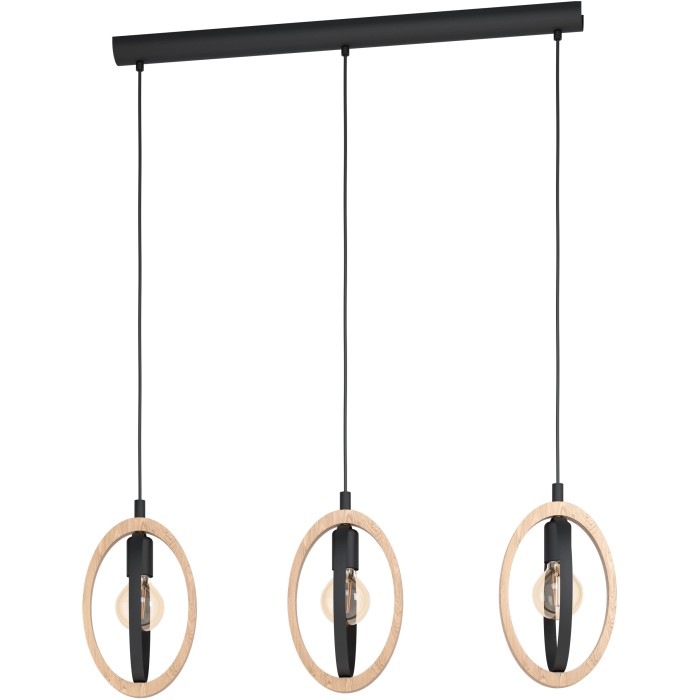 Lampada a sospensione Eglo Basildon, 3 luci, nero-naturale. Lampada a sospensione con elementi in legno e metallo.