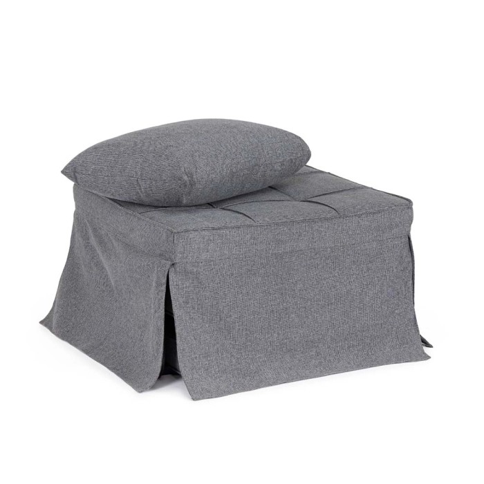 Pouf grigio con cuscino, ideale come poggiapiedi o seduta.