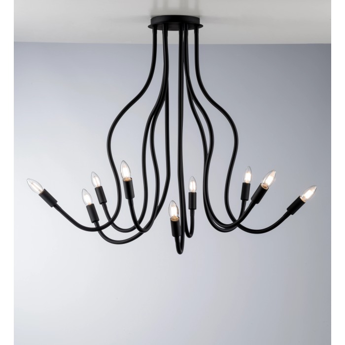 Lampada da soffitto Lover Luce Design nera a 9 luci, Ø 20 cm, con bracci flessibili.
